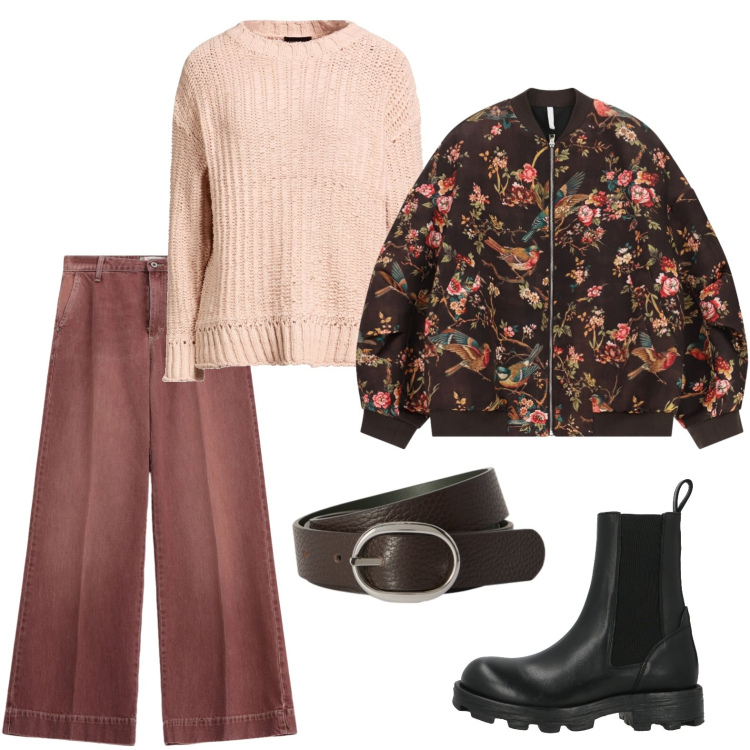 Outfit donna - Il bomber di tendenza. Stile Casual per Tutti i giorni. Abbinamento con stivaletti chelsea, pullovers, cinture, bomber, jeans.