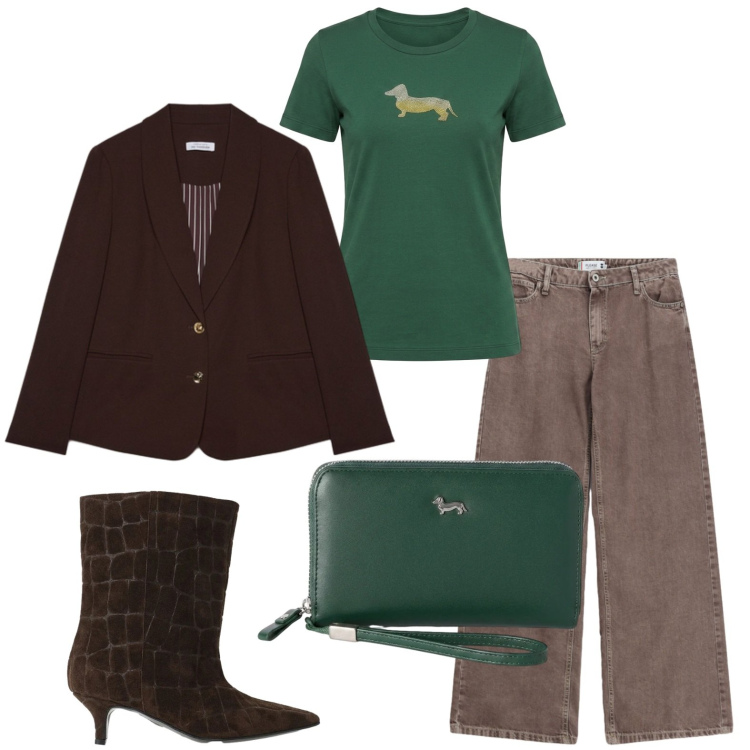 Outfit donna - Blazer e tshirt. Stile Casual per Ufficio. Abbinamento con portafogli, t-shirt, stivali, jeans dritti, blazer.