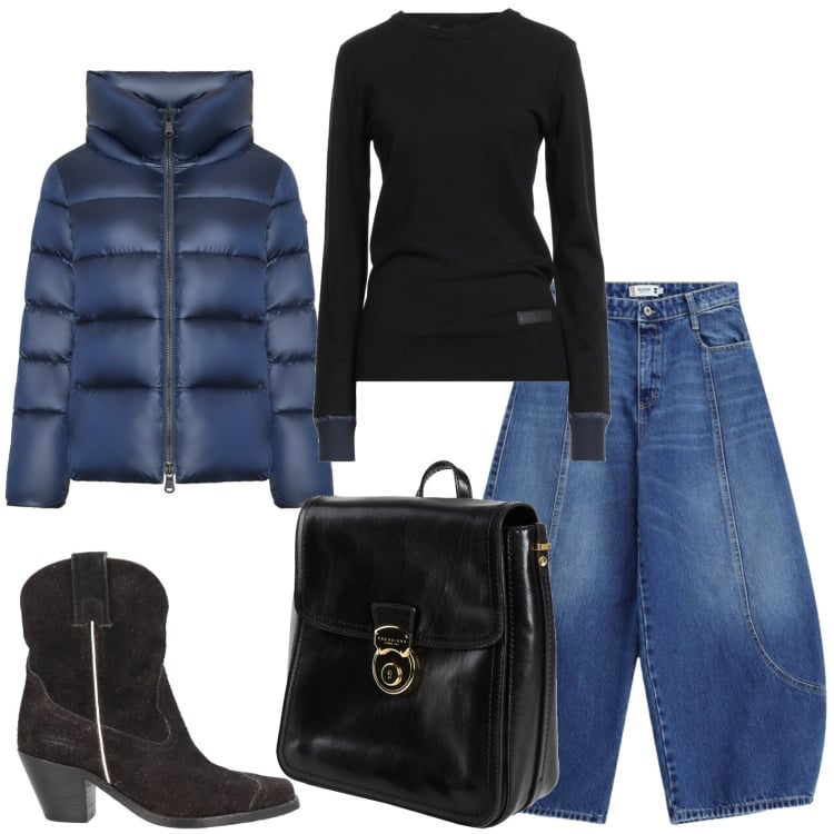 Outfit donna - Black&Blu. Stile Basic per Tutti i giorni. Abbinamento con pullovers, stivaletti texani, zaini, jeans, piumini.