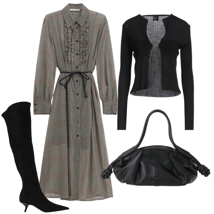 Outfit donna - Stivali sopra il ginocchio. Stile Chic per Ufficio. Abbinamento con cardigans, stivali, borse a mano, vestiti midi/longuette.