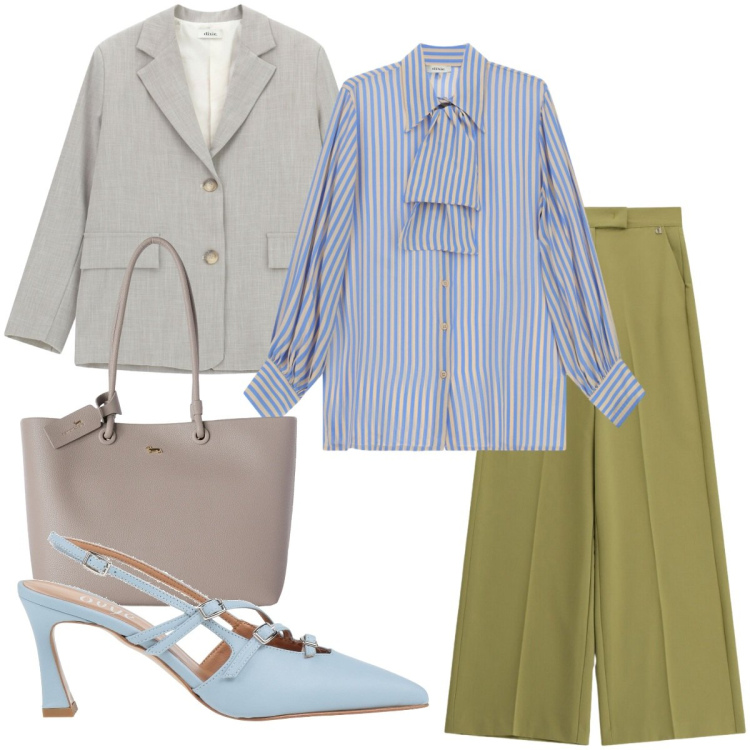 Outfit donna - Back to office. Stile Casual chic per Ufficio. Abbinamento con décolleté, shopping bag, pantaloni a palazzo, camicie, blazer.
