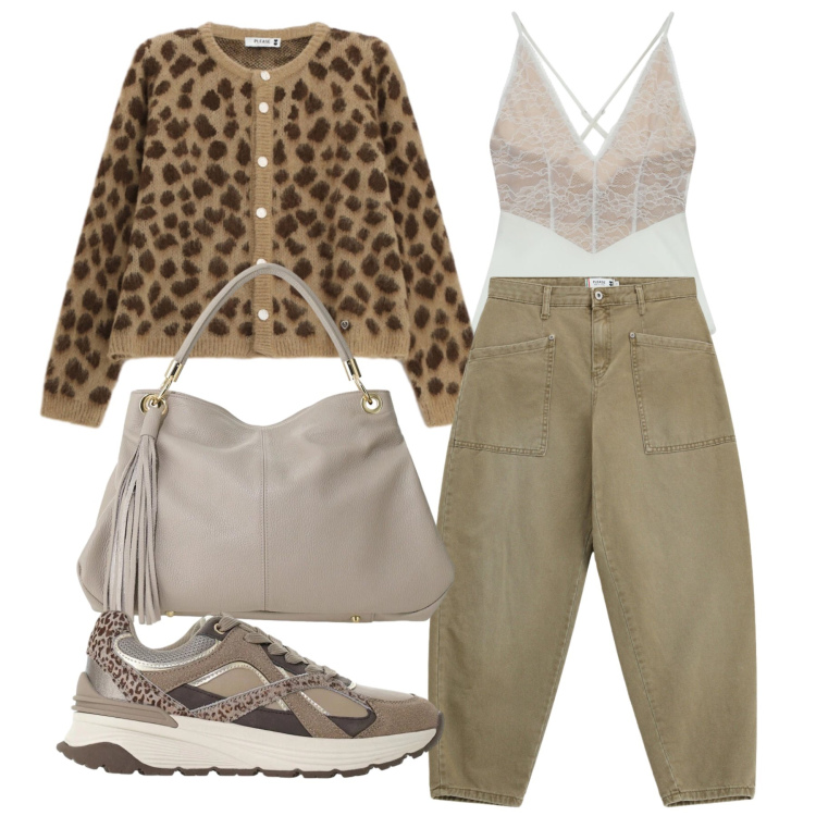 Outfit donna - Settembre. Stile Casual per Tutti i giorni. Abbinamento con sneakers, borse a spalla, body, cardigans, pantaloni.