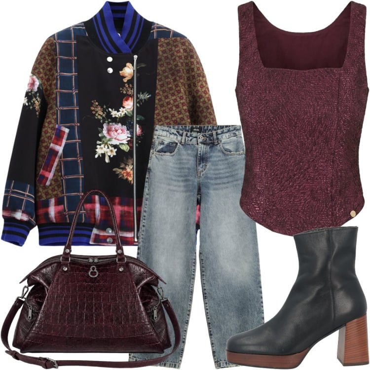 Outfit donna - Rigore e ironia. Stile Urban per Tutti i giorni. Abbinamento con stivaletti, bomber, jeans dritti, top, shopping bag.