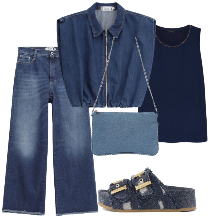Outfit donna - Total look #2474710. Stile Rock per Tutti i giorni. Abbinamento con borse a tracolla, jeans, gilet, canottiere, zeppe.