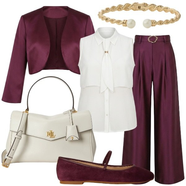 Outfit donna - lo stile da lavoro iconico. Stile Glamour per Ufficio. Abbinamento con pantaloni a palazzo, camicie a manica corta, bolero, borse a mano, ballerine, braccialetti.