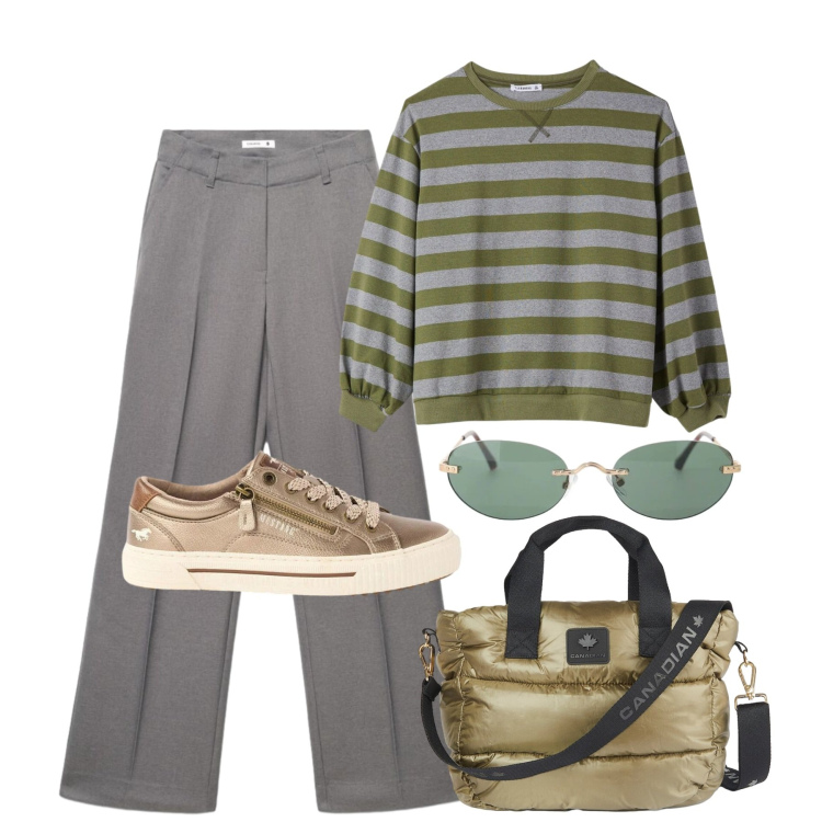 Outfit donna - Settembre. Stile Bon Ton per Tutti i giorni. Abbinamento con sneakers, pantaloni, t-shirt, occhiali da sole, borse tote.