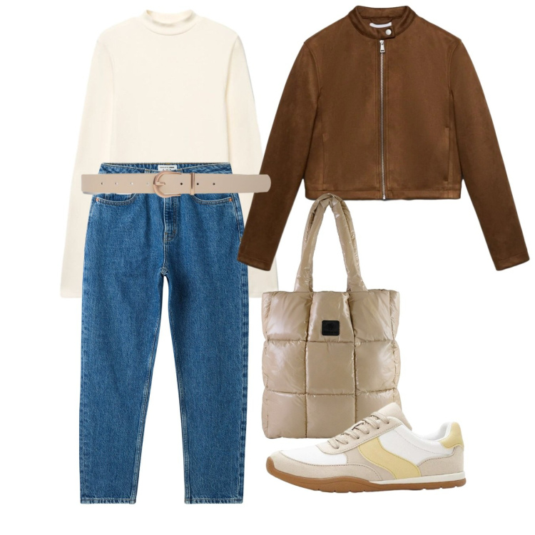 Outfit donna - Settembre. Stile Casual per Tutti i giorni. Abbinamento con sneakers, giacche, jeans mom, cinture, t-shirt, shopping bag.