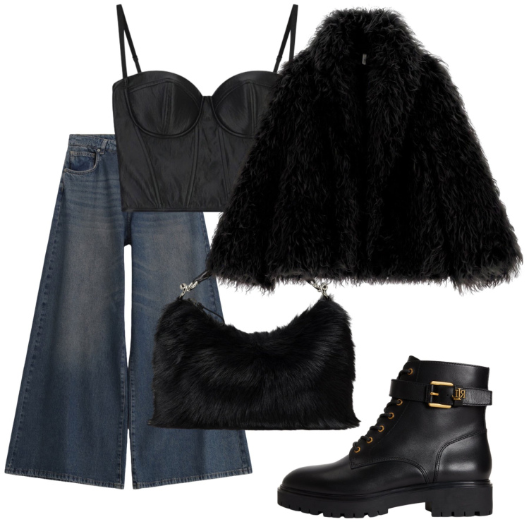 Outfit donna - Total look #2474716. Stile Glamour per Serata fuori. Abbinamento con top, blazer, jeans, borse a mano, anfibi.
