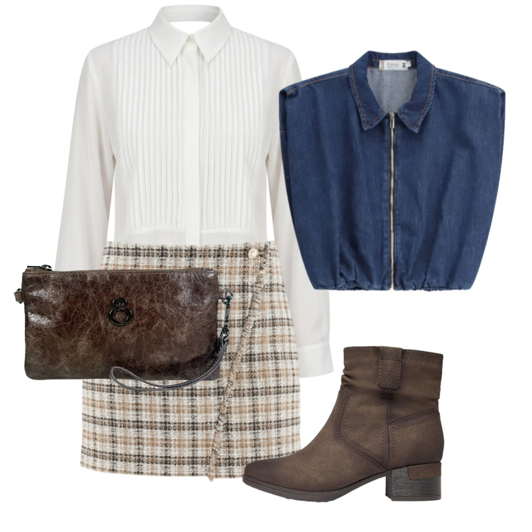 Outfit donna - Settembre. Stile Bon Ton per Tutti i giorni. Abbinamento con stivaletti, gilet, minigonne, camicie, pochette.