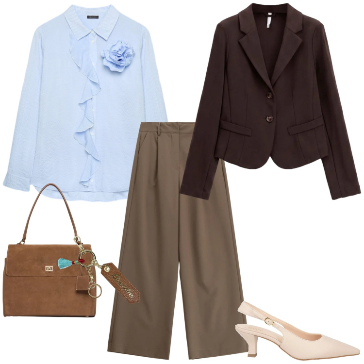 Outfit donna - Un caffè in centro. Stile Casual chic per Tutti i giorni. Abbinamento con décolleté, blazer, pantaloni a palazzo, camicie, borse a mano, portachiavi.