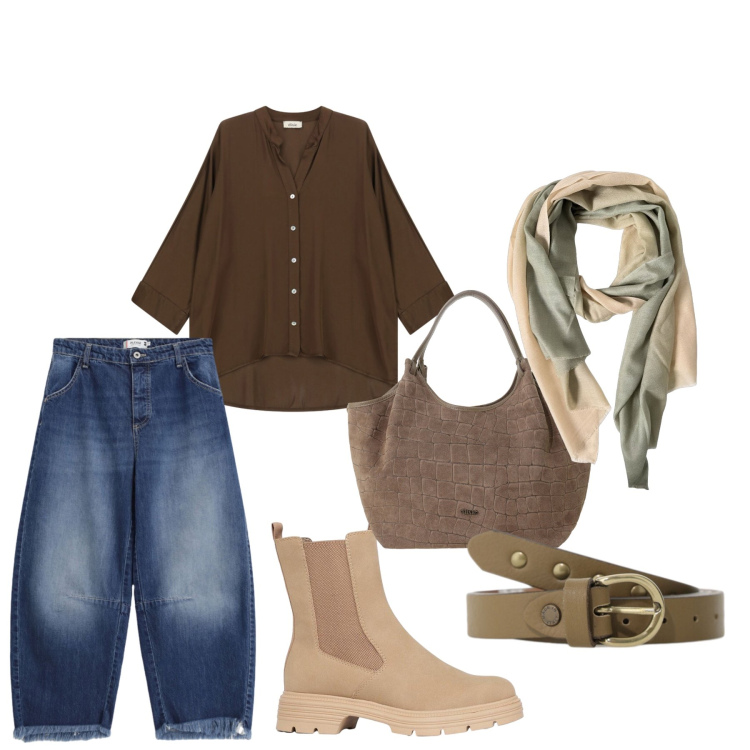 Outfit donna - Total look #2474729. Stile Casual chic per Tutti i giorni. Abbinamento con stivaletti, jeans, camicie, borse a spalla, cinture, foulard.