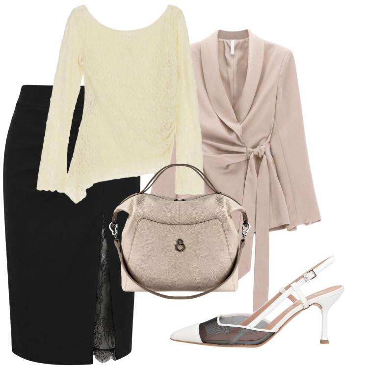 Outfit donna - Total look #2474730. Stile Bon Ton per Serata fuori. Abbinamento con décolleté, blazer, t-shirt, gonne longuette, borse a mano.