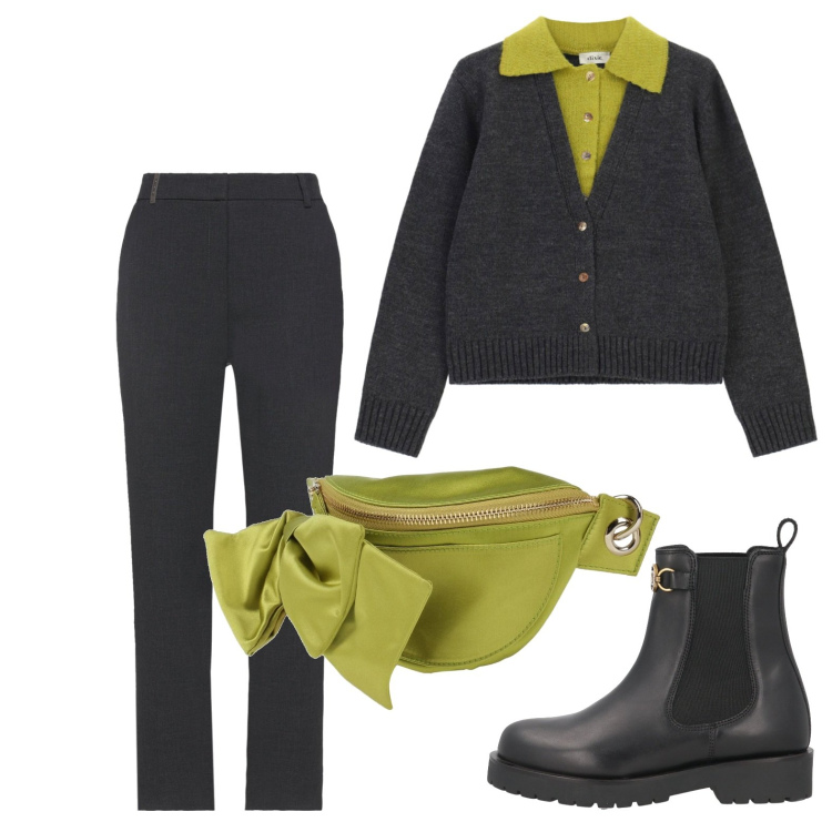 Outfit donna - Un vivace verde lime. Stile Basic per Tutti i giorni. Abbinamento con marsupi, pantaloni, stivaletti chelsea, cardigans.