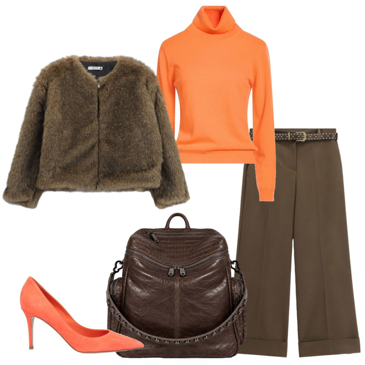 Outfit donna - Voglia di colore. Stile Casual chic per Ufficio. Abbinamento con maglieria, décolleté, blazer, pantaloni a palazzo, zaini.