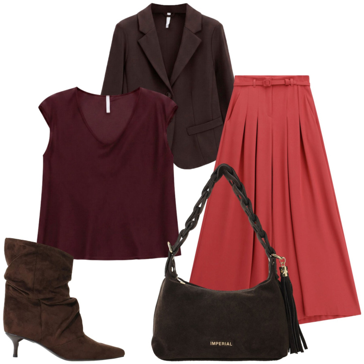 Outfit donna - Total look #2474733. Stile Casual chic per Tutti i giorni. Abbinamento con pantaloni a palazzo, stivali, t-shirt, blazer, borse a spalla.
