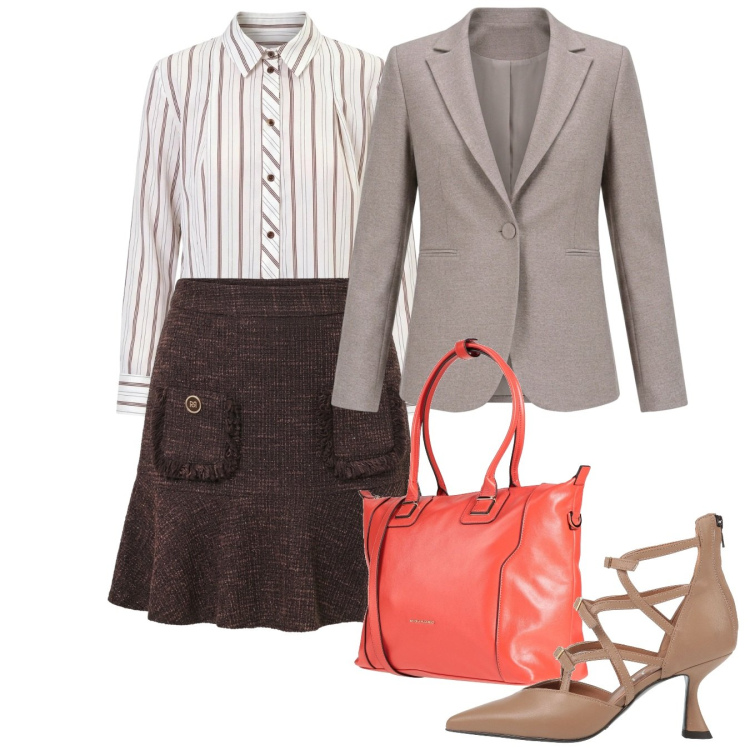 Outfit donna - Settembre. Stile Bon Ton per Ufficio. Abbinamento con décolleté, zaini, camicie, minigonne, blazer.