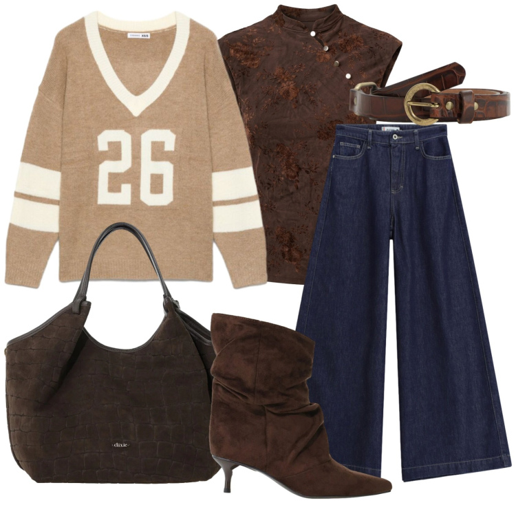 Outfit donna - Total look #2474736. Stile Casual chic per Tutti i giorni. Abbinamento con t-shirt sportive, stivali, jeans, borse a spalla, cinture, top.
