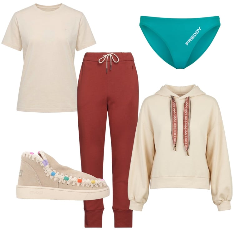 Outfit donna - Attività all\'aria aperta. Stile Basic per Sport. Abbinamento con pantaloni sportivi, stivaletti, t-shirt, culotte, felpe con cappuccio.