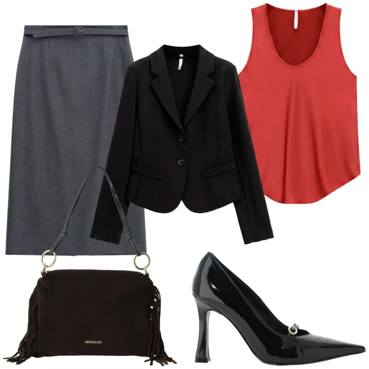 Outfit donna - Total look #2474741. Stile Casual chic per Ufficio. Abbinamento con canottiere, gonne longuette, blazer, décolleté, borse a spalla.