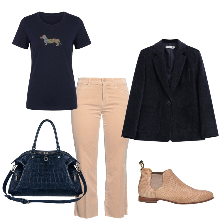 Outfit donna - Stile semplice e curato. Stile Basic per Ufficio. Abbinamento con stivaletti chelsea, pantaloni, t-shirt, blazer, shopping bag.