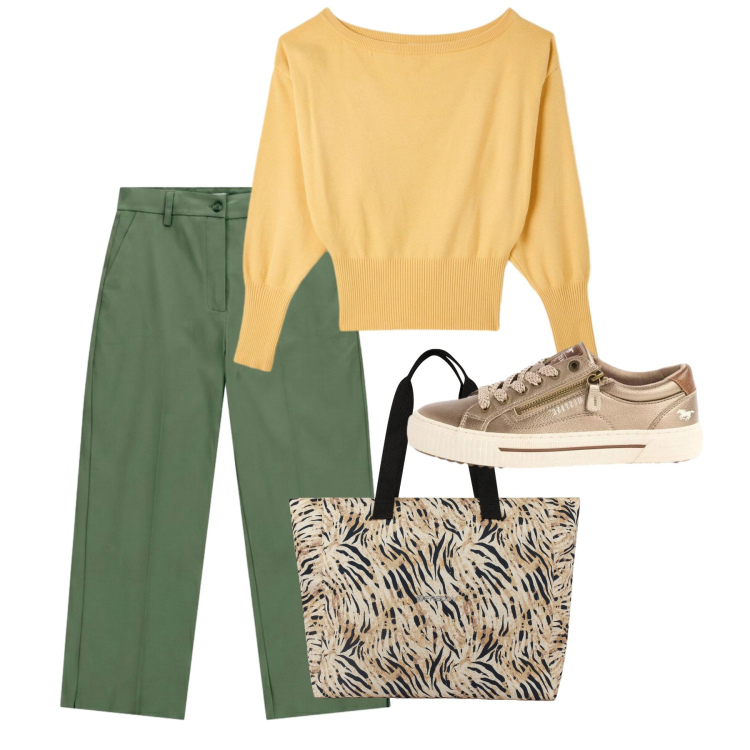Outfit donna - Settembre. Stile Bon Ton per Tutti i giorni. Abbinamento con sneakers, pullovers, shopping bag, pantaloni.