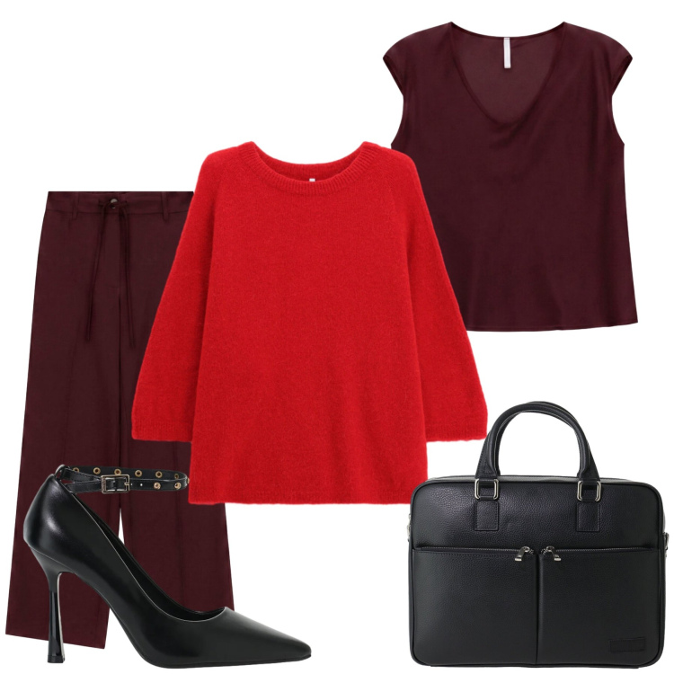 Outfit donna - Total look #2474744. Stile Casual chic per Ufficio. Abbinamento con maglieria, décolleté, pantaloni a palazzo, borse messenger, t-shirt.