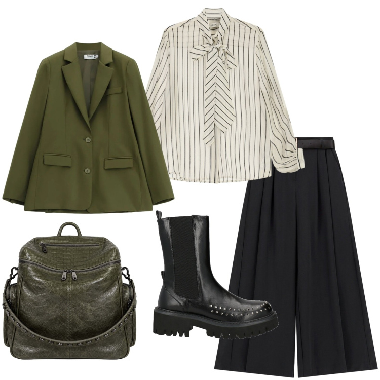 Outfit donna - Inizia il weekend !. Stile Casual per Ufficio. Abbinamento con stivaletti chelsea, pantaloni a palazzo, blazer, camicie, zaini.