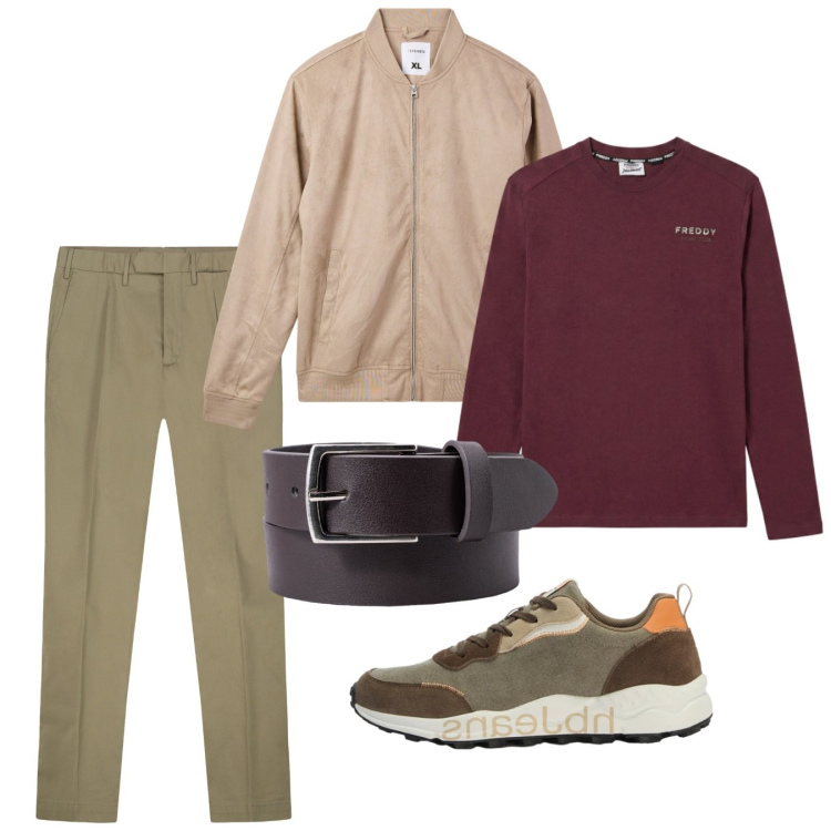 Outfit uomo - Settembre. Stile Casual per Tutti i giorni. Abbinamento con sneakers, pantaloni, cinture, t-shirt, bomber.