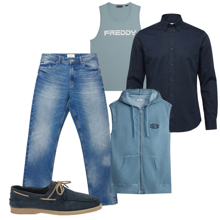 Outfit uomo - Layering di settembre. Stile Casual per Tutti i giorni. Abbinamento con scarpe stringate, camicie, canottiere, jeans dritti, gilet.