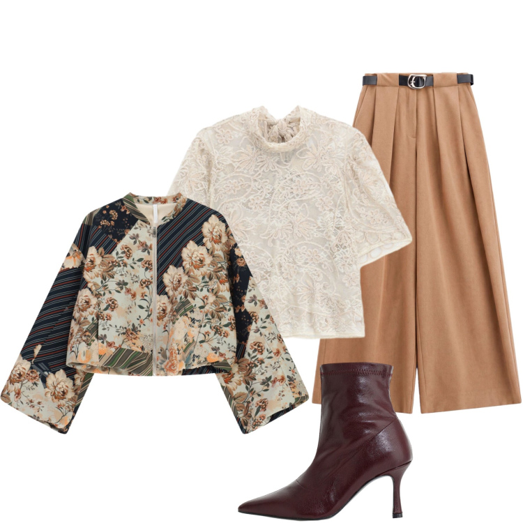 Outfit donna - Ritorno in ufficio. Stile Chic per Ufficio. Abbinamento con bomber, top, pantaloni a palazzo, stivaletti.