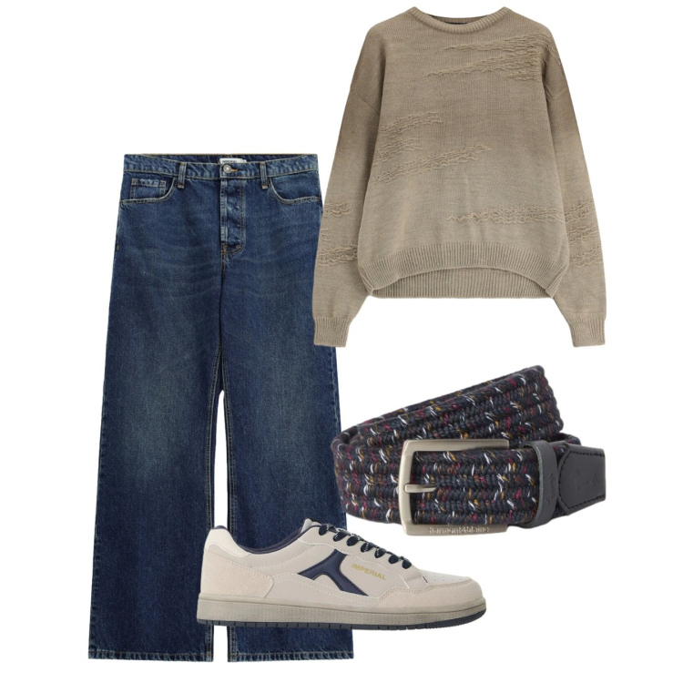 Outfit uomo - Settembre trendy. Stile Trendy per Tutti i giorni. Abbinamento con cinture, maglieria, sneakers, jeans.
