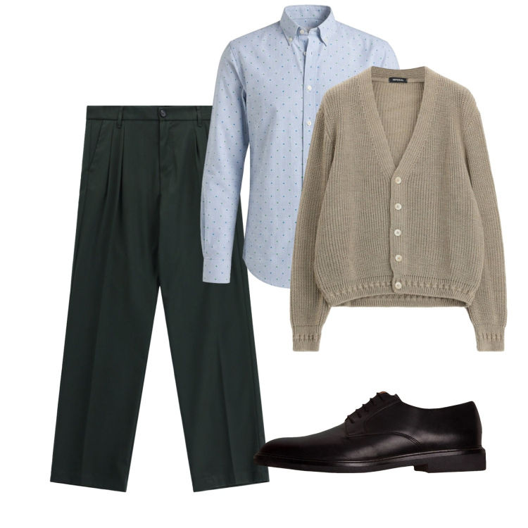 Outfit uomo - Settembre. Stile Casual per Tutti i giorni. Abbinamento con camicie, pantaloni, cardigans, scarpe stringate.
