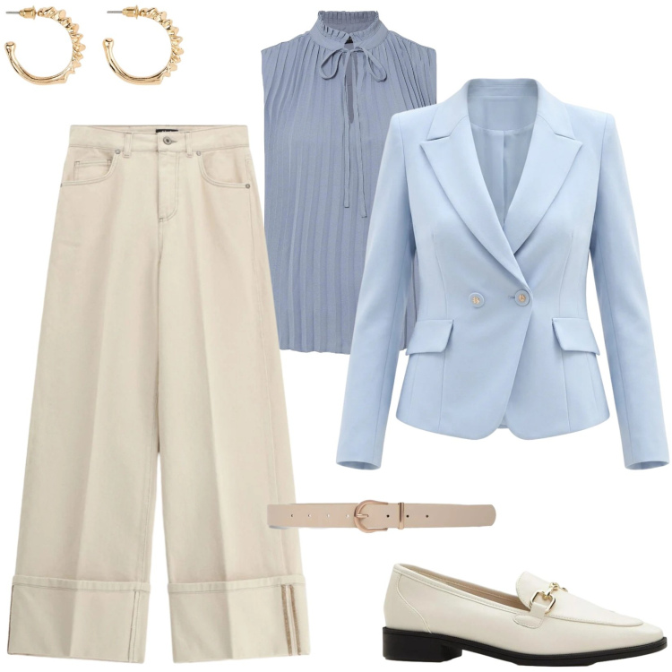Outfit donna - Total look #2474762. Stile Sporty chic per Ufficio. Abbinamento con top, mocassini, orecchini, cinture, pantaloni a palazzo, blazer.