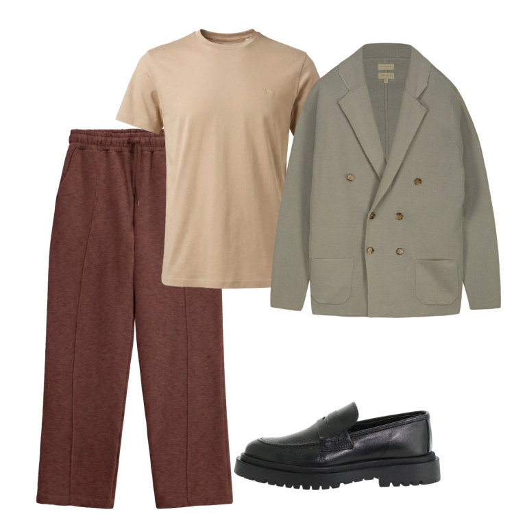 Outfit uomo - Settembre tshirt. Stile Casual per Tutti i giorni. Abbinamento con t-shirt, scarpe stringate, pantaloni, cardigans.