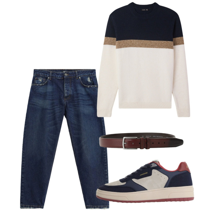 Outfit uomo - Settembre. Stile Casual per Tutti i giorni. Abbinamento con jeans, cinture, sneakers, maglieria.