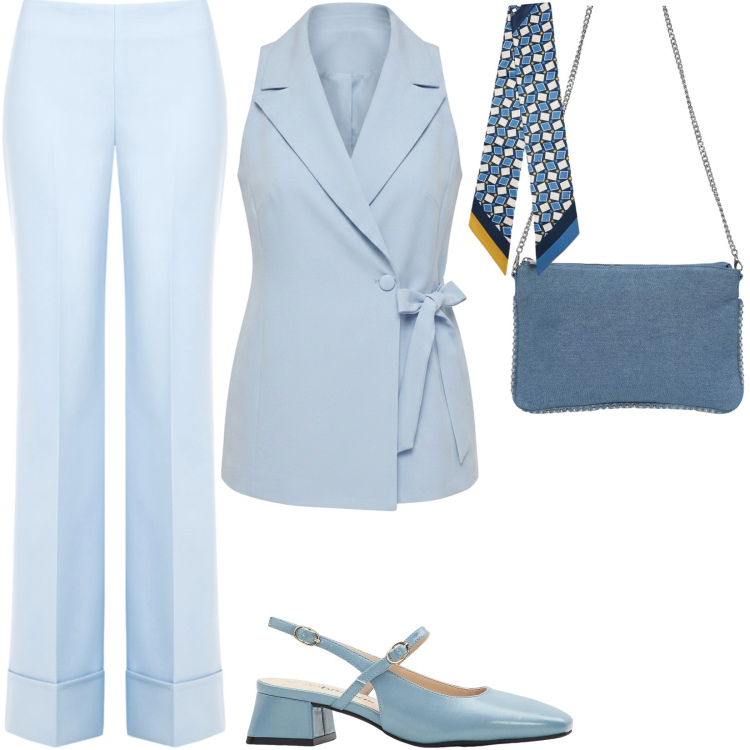 Outfit donna - Evento speciale. Stile Chic per Tutti i giorni. Abbinamento con décolleté, borse a tracolla, canottiere, pantaloni a palazzo, gilet, foulard.