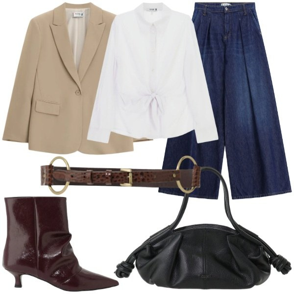 Outfit donna - Please FW26. Stile Urban per Tutti i giorni. Abbinamento con blazer, jeans, camicie, borse a mano, cinture, stivaletti.