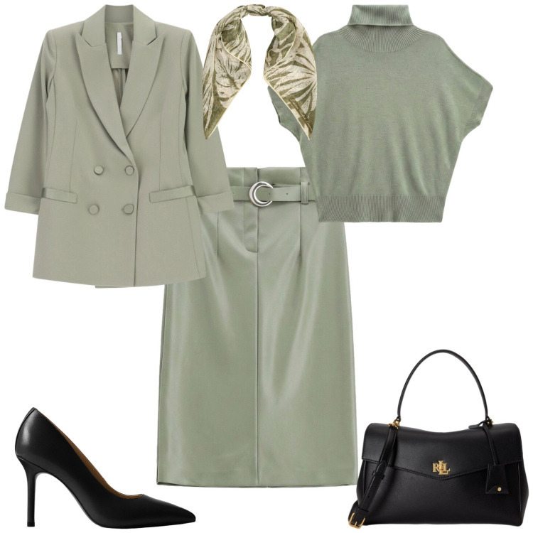 Outfit donna - Chic in ufficio. Stile Chic per Ufficio. Abbinamento con blazer, t-shirt, gonne longuette, décolleté, foulard, borse a mano.