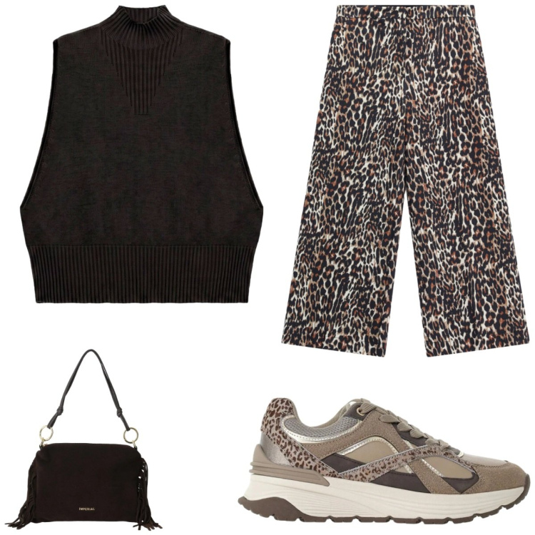 Outfit donna - We Are Back. Stile Trendy per Tutti i giorni. Abbinamento con sneakers, pantaloni a palazzo, maglieria, borse a spalla.
