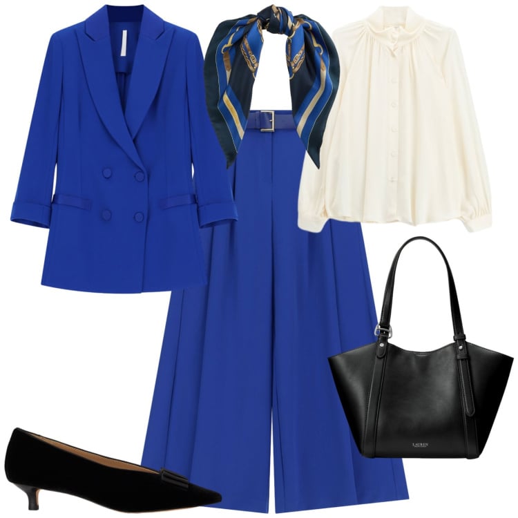 Outfit donna - Chic in ufficio con il nuovo blu. Stile Chic per Ufficio. Abbinamento con blazer, pantaloni a palazzo, camicie, borse tote, foulard, décolleté.