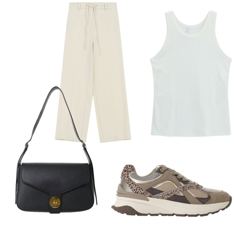 Outfit donna - We Are Back. Stile Sporty chic per Tutti i giorni. Abbinamento con canottiere, sneakers, borse a spalla, pantaloni a palazzo.