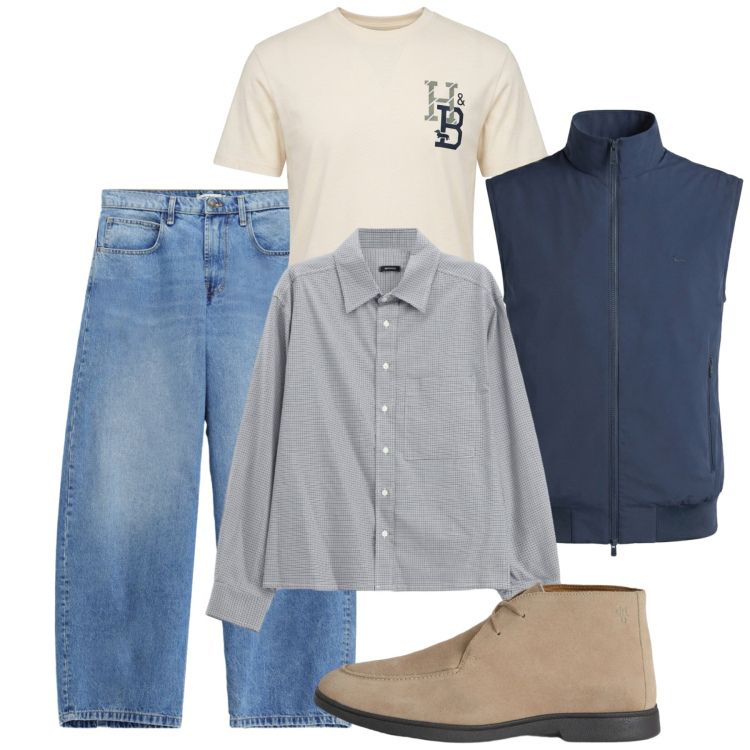 Outfit uomo - Weekend autunnale. Stile Casual per Tutti i giorni. Abbinamento con stivali e stivaletti, t-shirt, gilet, jeans, camicie.