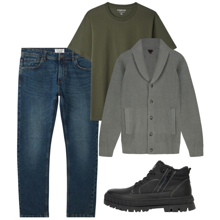 Outfit uomo - Weekend autunnale. Stile Casual per Tutti i giorni. Abbinamento con cardigans, jeans, t-shirt, stivali e stivaletti.