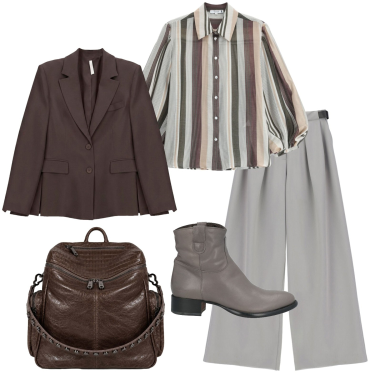 Outfit donna - Look del martedì. Stile Urban per Ufficio. Abbinamento con stivaletti, blazer, pantaloni a palazzo, camicie, zaini.