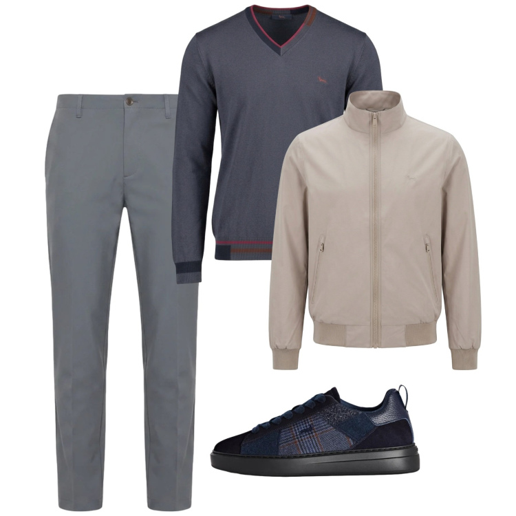 Outfit uomo - Layering urbano leggero. Stile Casual per Tutti i giorni. Abbinamento con sneakers, pantaloni, maglieria, bomber.
