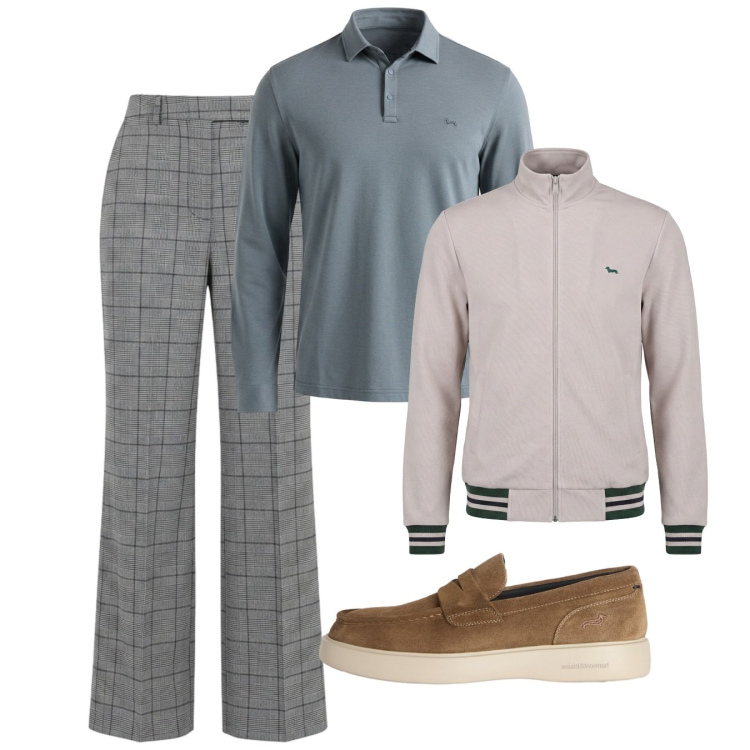Outfit uomo - Layering urbano leggero. Stile Casual per Tutti i giorni. Abbinamento con scarpe stringate, polo, felpe, pantaloni.