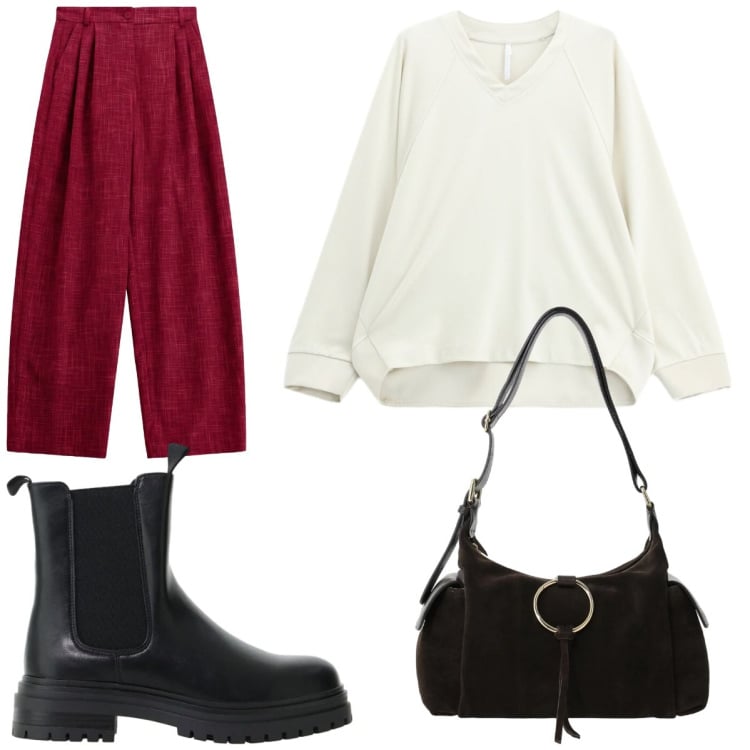 Outfit donna - We Are Back. Stile Casual per Tutti i giorni. Abbinamento con pantaloni a palazzo, felpe, stivaletti chelsea, borse a spalla.