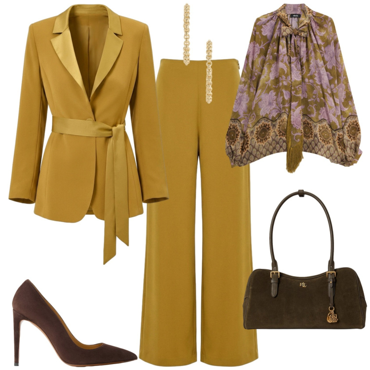 Outfit donna - Chic in ufficio. Stile Chic per Ufficio. Abbinamento con bluse, blazer, pantaloni a palazzo, borse a mano, décolleté, orecchini.