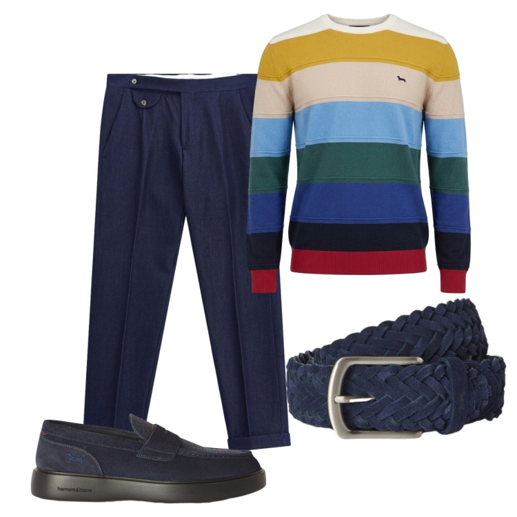 Outfit uomo - Settembre. Stile Casual per Tutti i giorni. Abbinamento con scarpe stringate, maglieria, cinture, pantaloni.