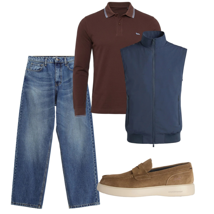 Outfit uomo - Smanicato di settembre. Stile Casual per Tutti i giorni. Abbinamento con scarpe stringate, polo, gilet, jeans.